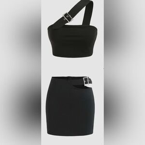 Chic Black Crop Top & Mini Skirt Set with Rhinestone Buckle Detail